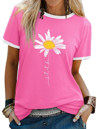 Dresswel Women Let It Be T Shirt Daisy Flower Graphic Print T-Shirt Crew Neck Short Sleeve Tee Tops(2-Dark Pink,M)
