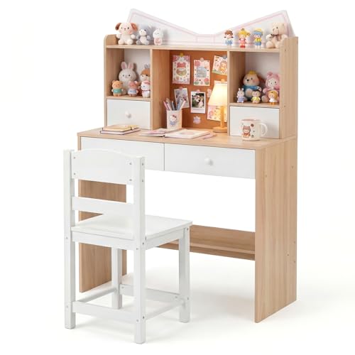 COSTWAY Kids Desk and Chair Set Wooden Student Study Table with Drawers Open Shelves Cork Bulletin Board Children Computer Workstation for 3-7 Years Old (Natural+White)