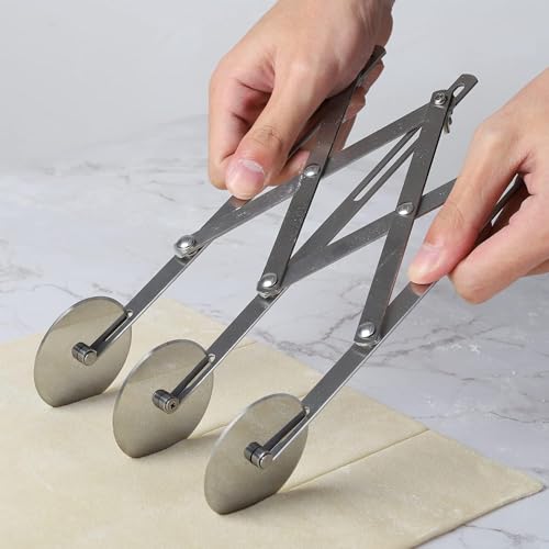 Image of HS Stainless Steel 3-Wheel Expandable Dough Cutter Tool Pasta /Kaju Katli /Pastry Sheets /Samosa /Puffs Patti Cutter