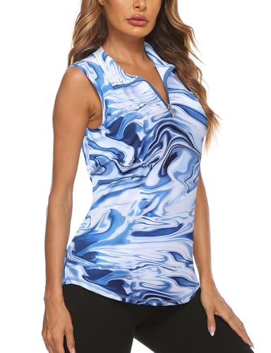 Koscacy Women'S Sleeveless Golf Tennis Polo Shirts Zip Up Dry Fit Workout Tank Tops Blue Print Large