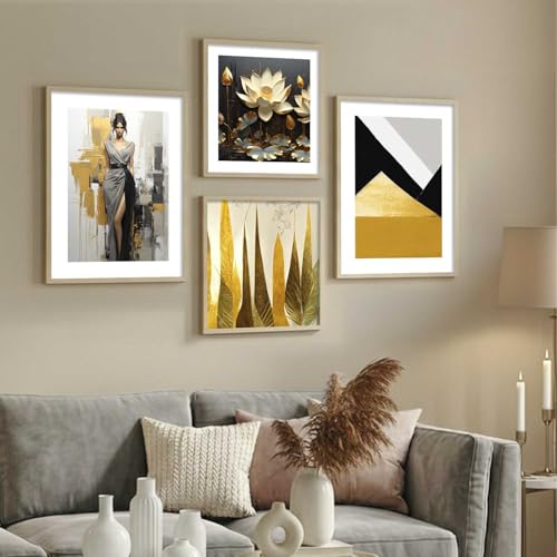 Image of kotart Premium Paintings with Frame for Home Decoration - Modern Art Black and Golden Painting for Living Room Bedroom Office Wall Decoration - Pack of 4 (Art 3, Big (13x17 or 13x13 inch))