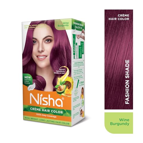 Image of Nisha Creme Hair Color, Permanent Hair Colour Wine Burgundy, Silky & Shiny 100% Grey Coverage & Ammonia Free Color With Natural Henna Extract, 60G+60Ml