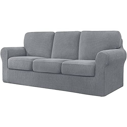LINGERIN 7 Piece Stretch Sofa Covers for 1Base Cover 3 Cushion Couch Cover and 3 Backrest Cover for Living Room Furniture Slipcovers Thicker Jacquard Fabric (Light Grey)