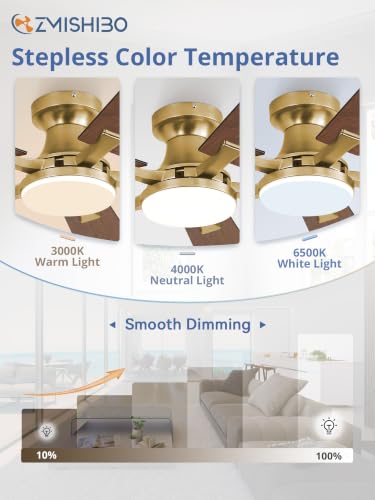 Image of ZMISHIBO 42 Inch Ceiling Fans with Lights, Remote&App Control, Flush Mount | Low Profile, Dimmable 20W LED Light, Quiet Reversible Motor, Strong Airflow, Easy Install for Bedroom /Living Room /Apt, Gold