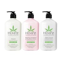 Hempz Original Herbal Body Moisturizer + Fresh Coconut & Watermelon Moisturizer + Blushing Grapefruit & Raspberry Crème Herbal Body Moisturizer, 17 Fl Oz, 3 Pack Bundle – Vitamin Infused Lotion