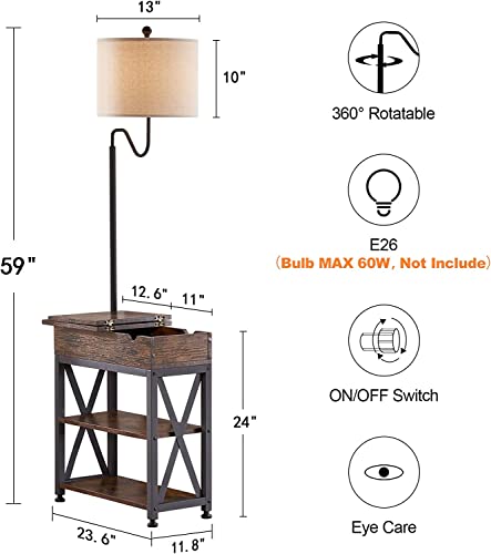 Image of Dungoo Rustic Floor Lamp with Table Storage End Table with Charging Station