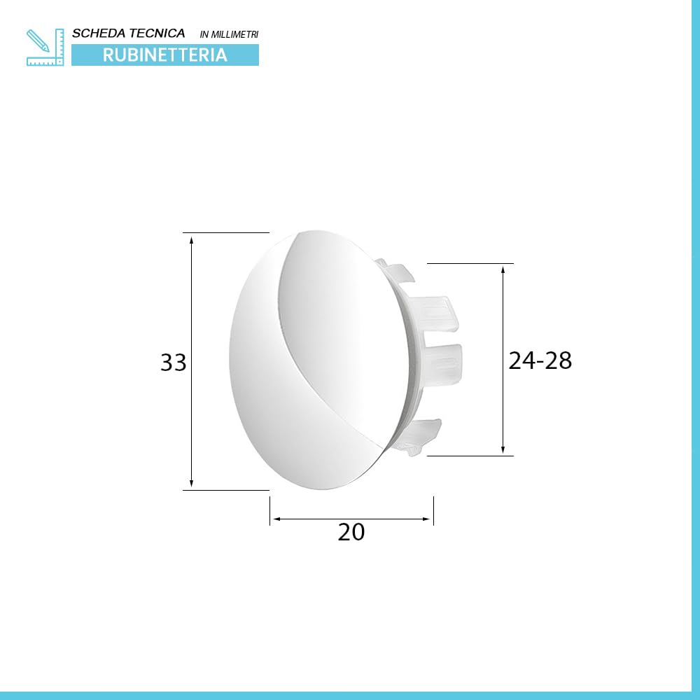 Tappo Copriforo Universale Per Troppo Pieno Lavabi E Bidet Aventi Circonferenza 24 O 28 Mm, In Ottone Con Ghiera Cromata Dal Design Moderno
