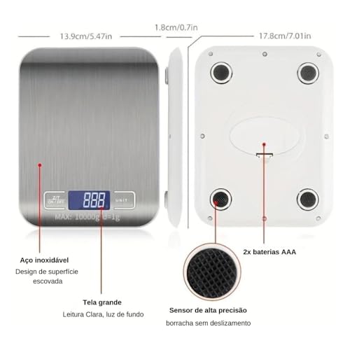 Balança de Cozinha Digital para Alimentos Portátil em Inox Resistente a Água Com Base Antiderrapante