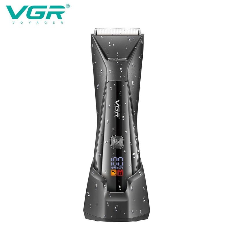 VGR V-938 Trimmer on its wireless charging dock with water droplets