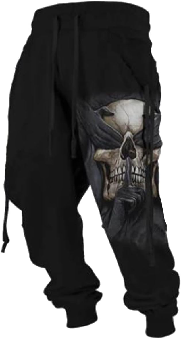 Men's Jogger Slim Fit Sweatpants Stylish Loose Drawstring Skull Print Gym Sport Pants Streetwear