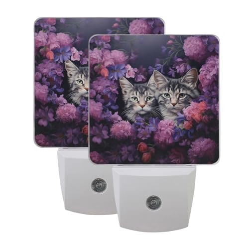 Image of Cats Purple Flower Night Lights 2 Pack Plug-in Wall Led Nightlight Auto Dusk-to-Dawn Sensor Lamps for Bedroom Kitchen Bathroom