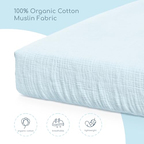 Image of Muslin Crib Sheets, 100% Organic Cotton, Breathable and Ultra-Soft, Standard Crib Sheet Mattress (28 inchx 52 inch) for Girls and Boys, Neutral Fitted Baby Crib Sheet (Light Blue)