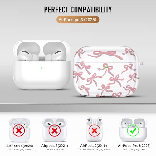 Image of Compatible Airpods Pro 3 Case (2025),Soft Cute Pink Bow Print Silicone Protective Cases for Apple AirPods Pro 3rd Generation Case,Airpod Pro 3 Cover with Keychain&Cleaner Kit for Women /Girls,Pink Bow