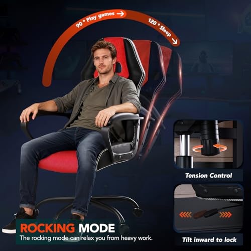 Image of BestOffice Gaming Chair with Massage, Ergonomic Office Desk Chair, Adjustable Lumbar Support & Headrest,Computer Task Chair, 360 Swivel for Adults (Red)