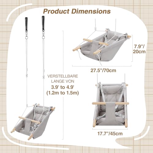 REDCAMP 3-in-1 Babyschaukel mit 5-Punkt-Gurt | Atmungsaktive Baumwolle & Holz | Indoor/Outdoor für Haus Garten | bis 50kg | kinderschaukel ab 6 Monate (Grau)