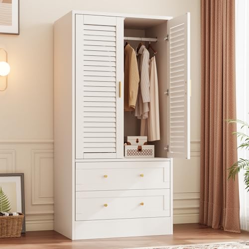 65" Wooden Armoire Wardrobe Closet, Wood Clothing Storage Cabinets with 2 Doors and 2 Drawers, Wooden Wardrobe Closet with Hanging Rod for Bedroom, Cloak Room, Laundry Room, Entrance Hall(White)