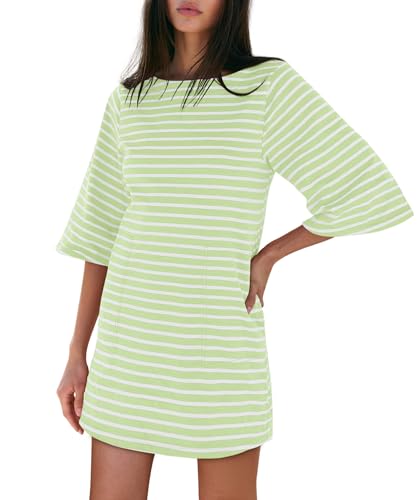 Image of Yousify Women's T Shirt Dress Cotton Summer Dresses 2026 Casual Loose Short Sleeve Striped Mini Dress with Pockets