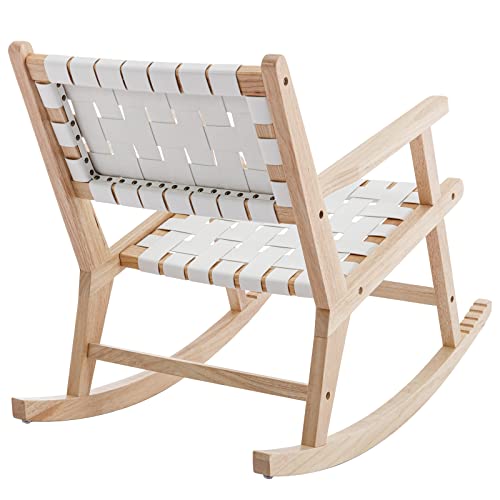 Lzareal Woven Rocking Glider Chair For Relax, Rocker Chair For Living Room/Bedroom/Balcony, Modern Solid Swivel Patio Chairs Wood Side Rocker Chair With Faux Leather Straps, White #TOP4