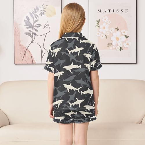 ALAZA Black White Shark Pajamas Satin Pajama Set Short Sleeve Button Down Sleepwear4