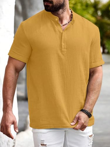 Image of Men Shirt | Black Textured Cotton Blend | Regular Fit Casual Shirt | Half Short Sleeve | Mandarin Chinese Collar | Button Down | Summer Office Wear | Stylish Shirt for Men