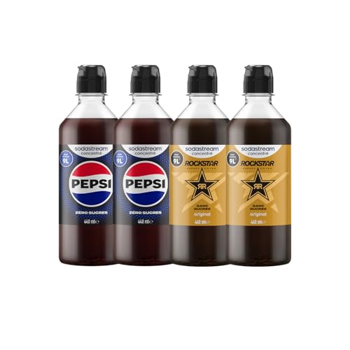 Sodastream 2 Concentrés Pepsi Zéro Sucres + 2 Concentrés Rockstar pour Machine à Eau Pétillante et Soda, 4 x 440 ml