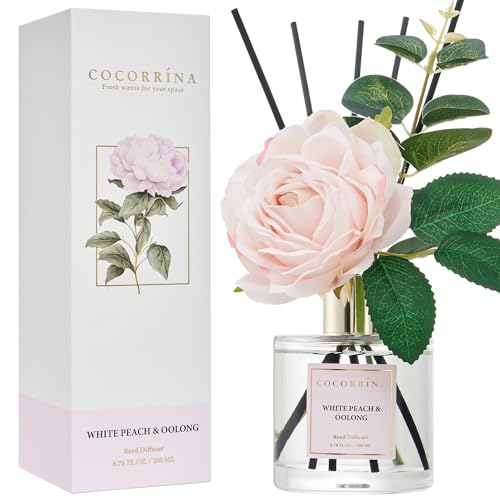 Image of Cocorrina Flower Reed Diffuser - White Peach& Oolong 6.7oz Scented Diffuser with Sticks Home Fragrance Essential Oil for Bathroom Shelf Decor (Artificial Flower)