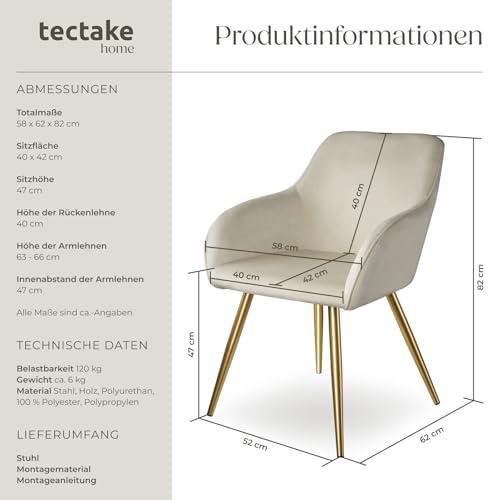 tectake® Esszimmerstuhl, Sessel bequem mit Armlehne, Polsterstuhl, Samtstoff Cocktailsessel, Loungesessel für Wohnzimmer, Esszimmer, Moderne Küchenstühle, Bürostuhl créme/Gold