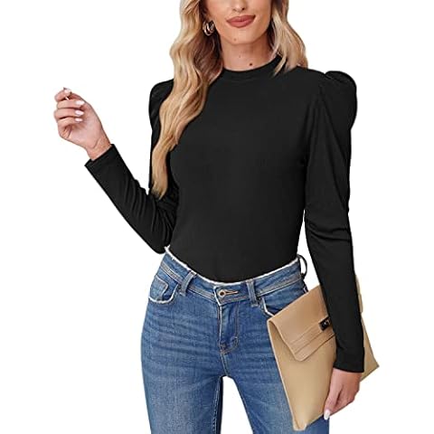 For G and PL Ladies Puff Long Sleeve Slim Fit Tee Top Blouse Solid T Shirt Autumn Black M Cover