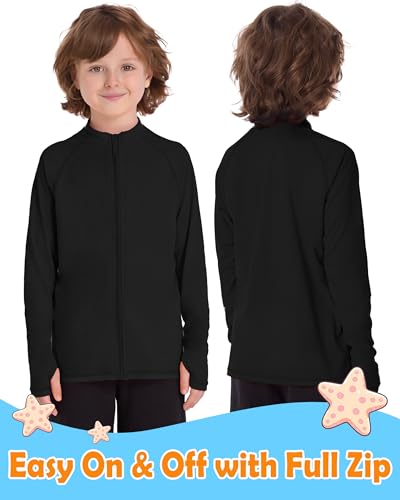 Image of Roadbox UPF 50+ Boys Zip Up Rash Guard Kids Long Sleeve Swim Shirt