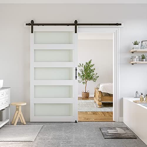 SmartStandard 36 x 84 in (Double 18×84 Door) Glass Barn Door with 6.6FT Sliding Hardware Kit & Handle, Pre-Drilled Ready to Assemble, Waterproof PVC Coating, 5-Panel Glass, White