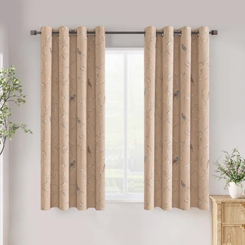 H.VERSAILTEX Blackout Curtains for Bedroom 63 Inches Length Thermal Insulated Birds Rustic Printed Curtain Drapes for Living Room Energy Efficient Room Darkening Home Decoration Pair 2 Panels, Taupe