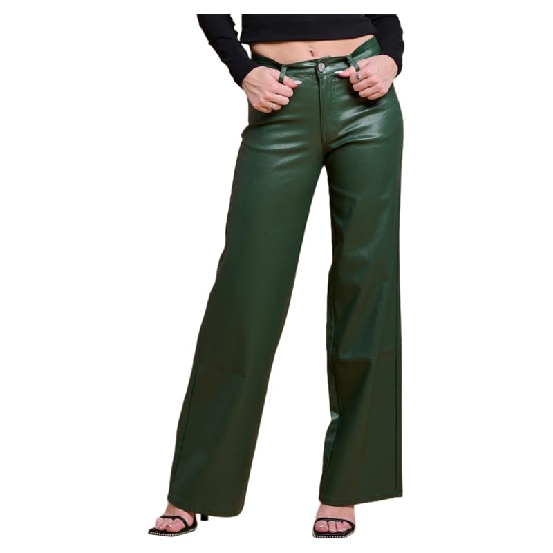 LOVER BRAND FASHION Women's High - Waisted Super Stretch Faux Leather Wide - Leg Pants Multiple Colors for Trendy Looks (US, Alpha, Medium, Regular, Regular, Olive)