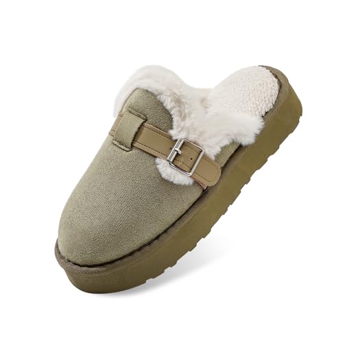 Women's Fuzzy Platform Slippers with Adjustable Buckle, Anti-Slip Sole Cozy Comfy Warm Winter Indoor Outdoor Slip-On House Shoes