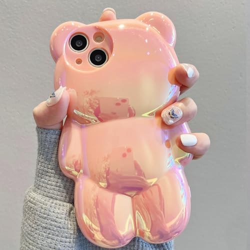 Coque iPhone 12 antichoc avec design ours 3D rose holographique - 3