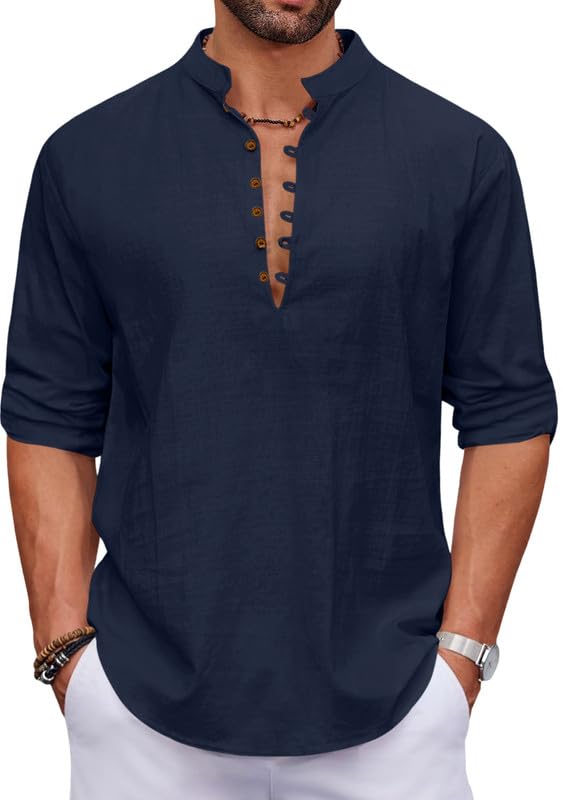 Image of Macsivo Men's Stylish Mandarin Collar Kurta | Casual Ethnic Fusion Shirt for Daily, Party & Travel | Full Sleeves | Cotton Blend Comfort Fit Short Kurta
