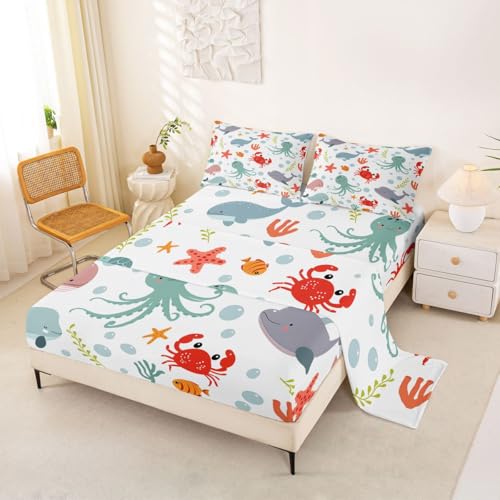 Image of jejeloiu Dolphin Bed Sheets Sets Queen Size Kids Boys Girls Jellyfish Crab Starfish Bedding Set Ocean Bed Sheet Set with 16-Inch Deep Pockets 4Pcs with 2 Pillow Cases