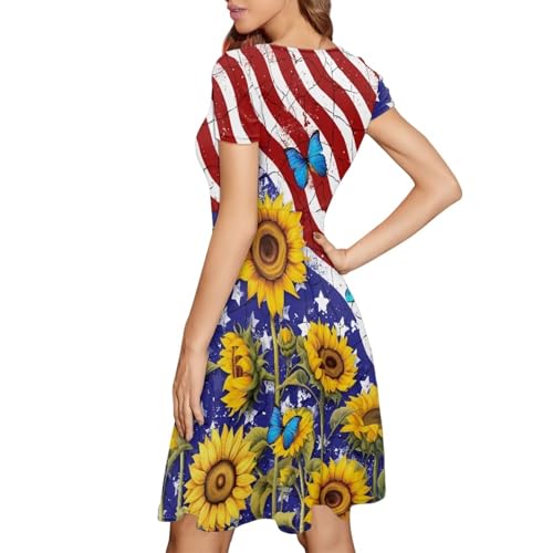 Image of HUGS IDEA Womens Puffy Swing Midi Dress Round Neck Short Sleeve Party A-Line Dresses