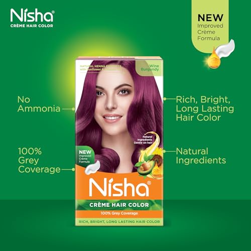 Image of Nisha Creme Hair Color, Permanent Hair Colour Wine Burgundy, Silky & Shiny 100% Grey Coverage & Ammonia Free Color With Natural Henna Extract, 60G+60Ml