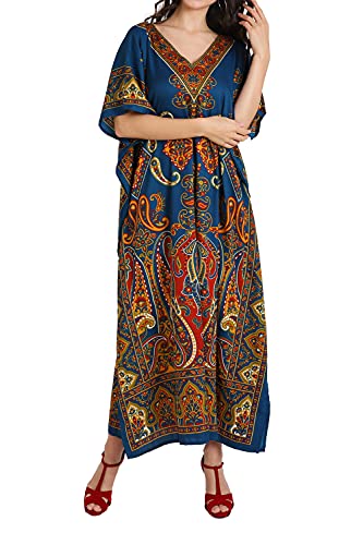 Miss Lavish London Teal Kaftan Dress for Women V Neck Short Sleeve Beach Vacation Bikini Swimsuit Cover Ups for Summer, Ethnic Print Plus Size Batwing Sleeve Caftan Maxi Beach Dress with Pockets - 2XL - Image 5