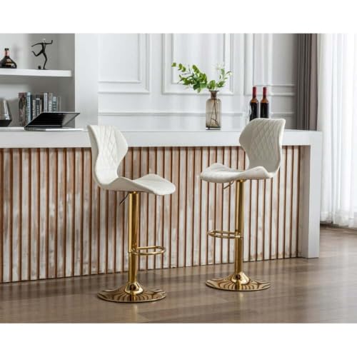 Image of Dream Furnishing - Set of 2 Bar /Kitchen Chairs 360 Degree Rotatable Swivel Elegant Classy & Comfortable Chair with Golden Base and Velvet Fabric (2 Chairs) (White Velvet)