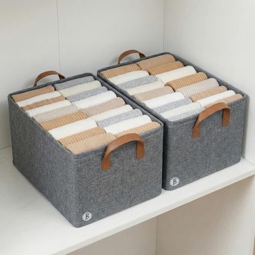 Btag Pack of 2 Storage Baskets (46L x 27W x 19H CM) Non-Woven Foldable Wardrobe Organizer with Metal Frame Rectangle, Storage Box with Handles for Clothes, Books, Toys, Blankets & Closet Use.