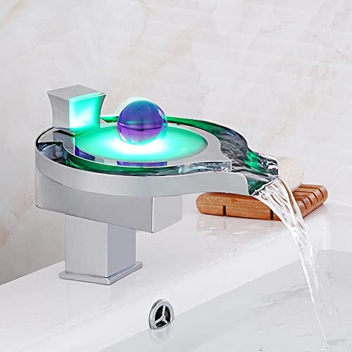 Robinet cascade de salle de bain mitigeur LED chromé pour évier monotrou
