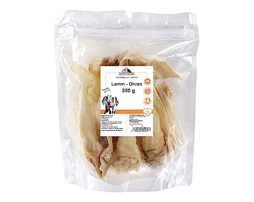 TACKENBERG Lammohren für Hunde - leckerer natürlicher Kausnack in Premiumqualität - schonend getrocknet - reines Naturprodukt zur Belohnung, als Snack oder Leckerli, 250 g