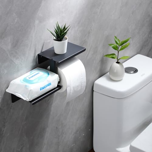 AIDILI Adhesive Toilet Paper Holder with Double Shelf, No Drilling Wall Mount Toilet Tissue Roll Holder, Rustproof & 304 Stainless Steel Bathroom Storage Dispenser — view 5