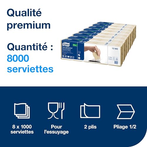 Tork Xpressnap Serviettes Enchevêtrées Extra Douces Naturelles pour distributeur N4, Premium, Pliage 1/2 2 plis, 21,3 cm x 16,5 cm, 8 x 1 000 serviettes, 12880