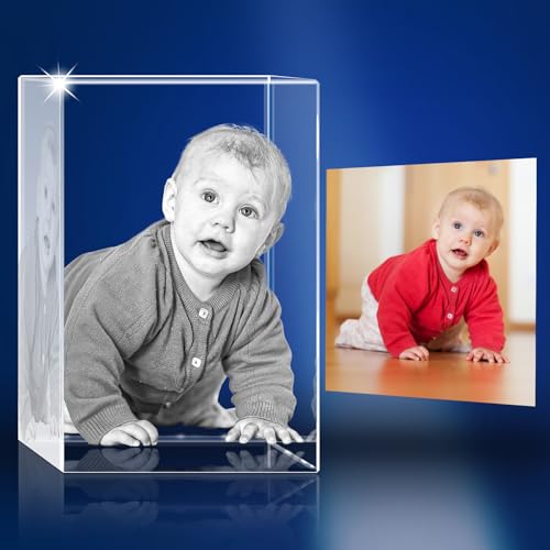 3D Crystal Photo Personalized Custom, Holographic Laser Photo Etched Engraved In Crystal with Your Own Photo, Unique Memorial Birthday Engagement Wedding Anniversary Christmas Day Gifts (Portrait, S)