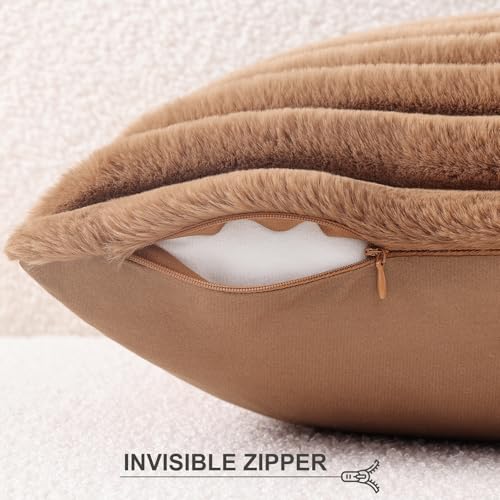 Image of Pallene Faux Fur Plush Throw Pillow Covers 20x20 Set of 2, Luxury Soft Fluffy Striped Decorative Pillow Covers for Sofa, Couch, Living Room, Brown