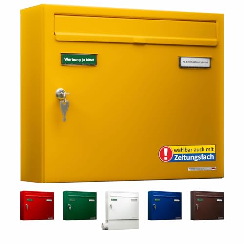 AL Briefkasten Systeme Basic 1er Briefkasten in RAL 1003 Signal Gelb 1 Fach DIN A4 Postkasten wetterfest wasserdicht rostfrei Briefkastenanlage mit Posthaltebügel und 2 Namensschildern