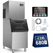 Commercial Ice Maker 680 LBS/24h with 560 LBS Storage Bin, 156 Ice Cubes Ready in 5-15 min, Self-Cleaning Mode with Timing Function,30 Levels of Ice Thickness