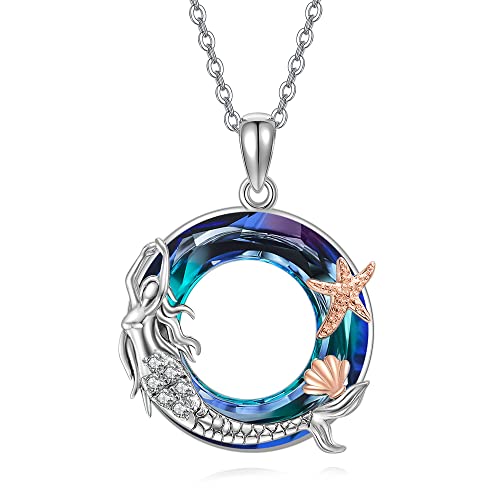 Image of URONE Mermaid Necklace Sterling Silver Mermaid Starfish Crystal Pendant Necklace Mermaid Ocean Jewellery Gifts for Women Girls
